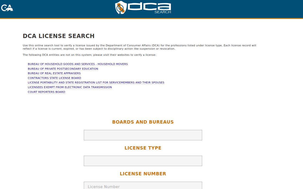 Bell resident lookup view of the California professional license search