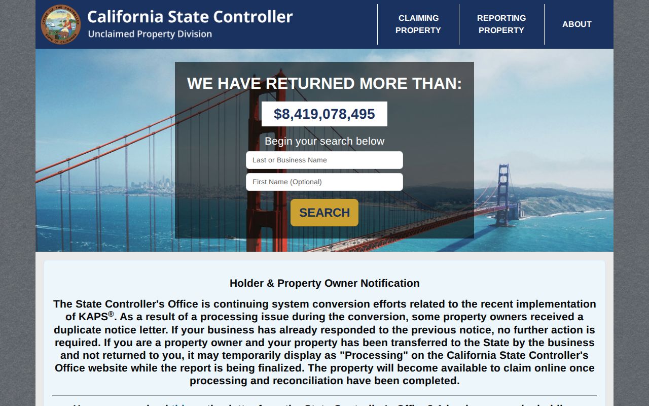 Bell resident lookup view of the California unclaimed property name search
