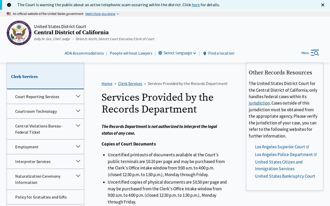 Bell resident lookup view of Central District of California federal court records